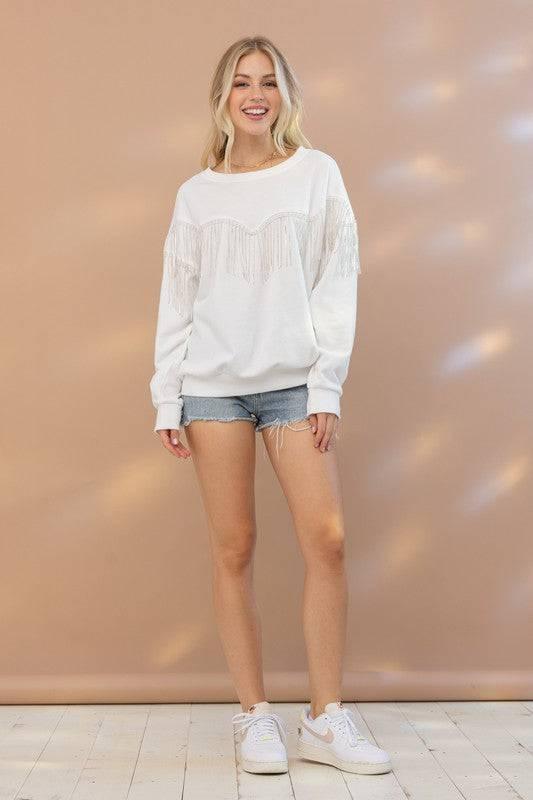 Embellished rhinestone fringe oversized top Shirts & Tops