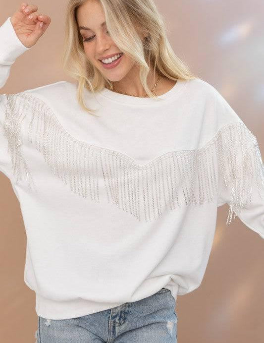 Embellished rhinestone fringe oversized top Off White Shirts & Tops