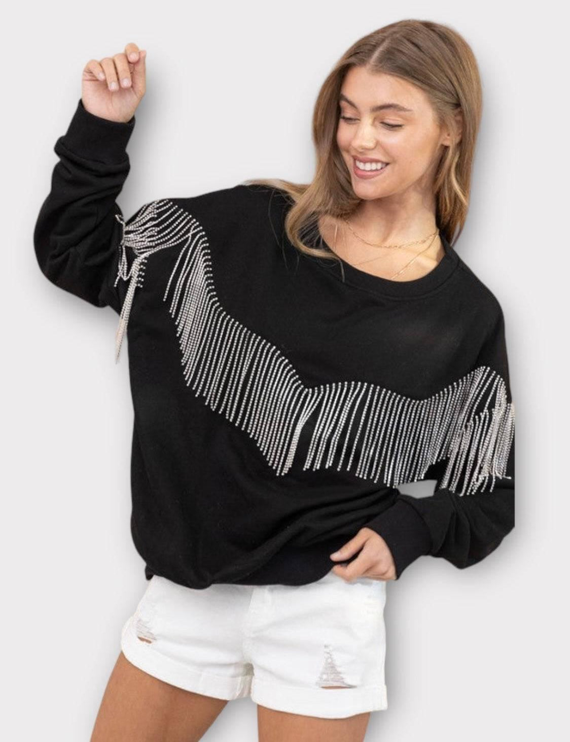 Embellished rhinestone fringe oversized top Shirts & Tops