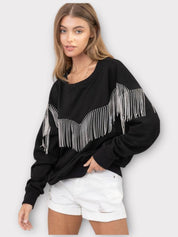 Embellished rhinestone fringe oversized top Shirts & Tops