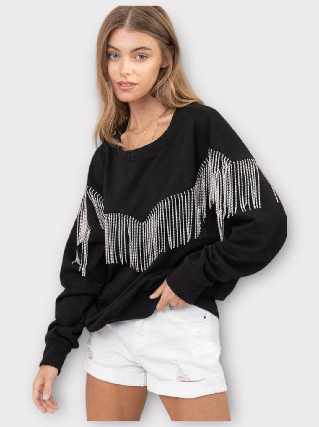 Embellished rhinestone fringe oversized top Shirts & Tops