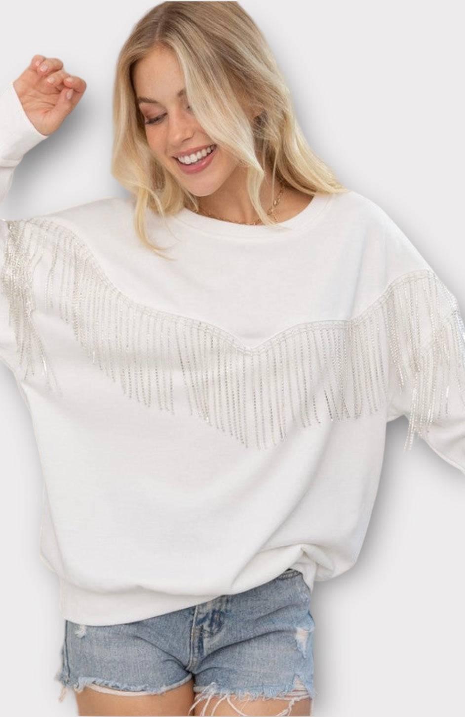 Embellished rhinestone fringe oversized top Shirts & Tops