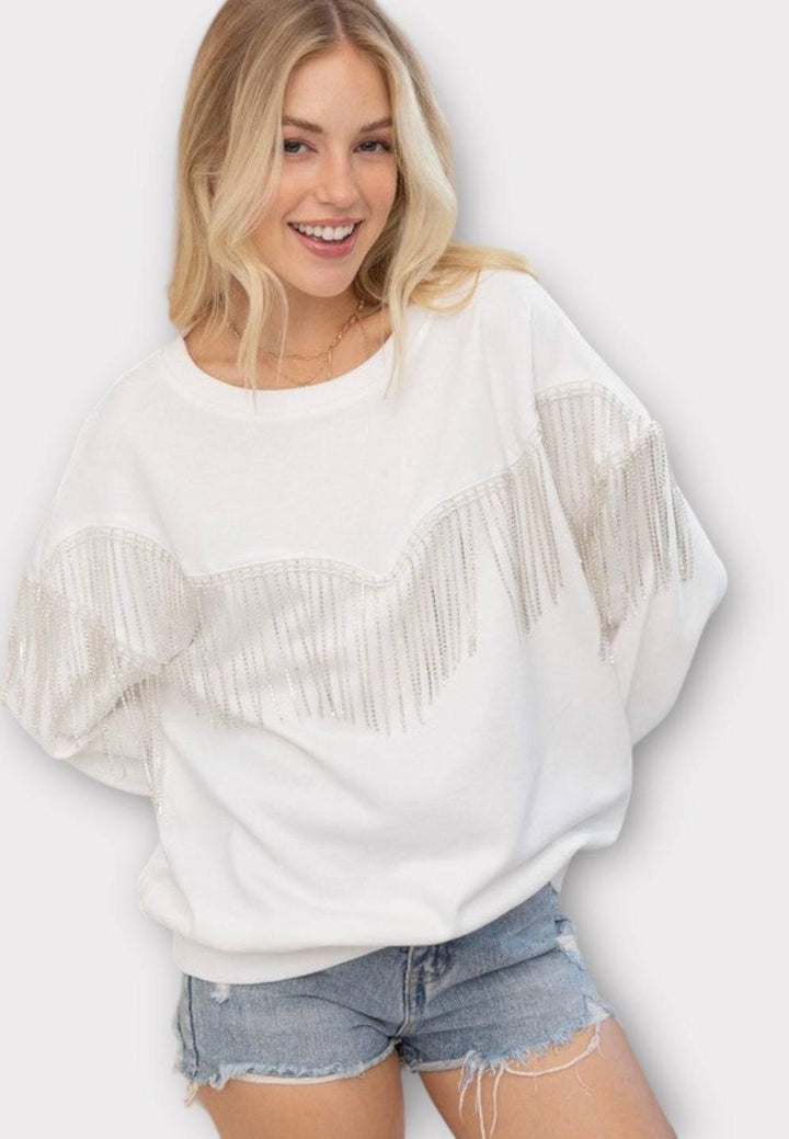 Embellished rhinestone fringe oversized top Shirts & Tops