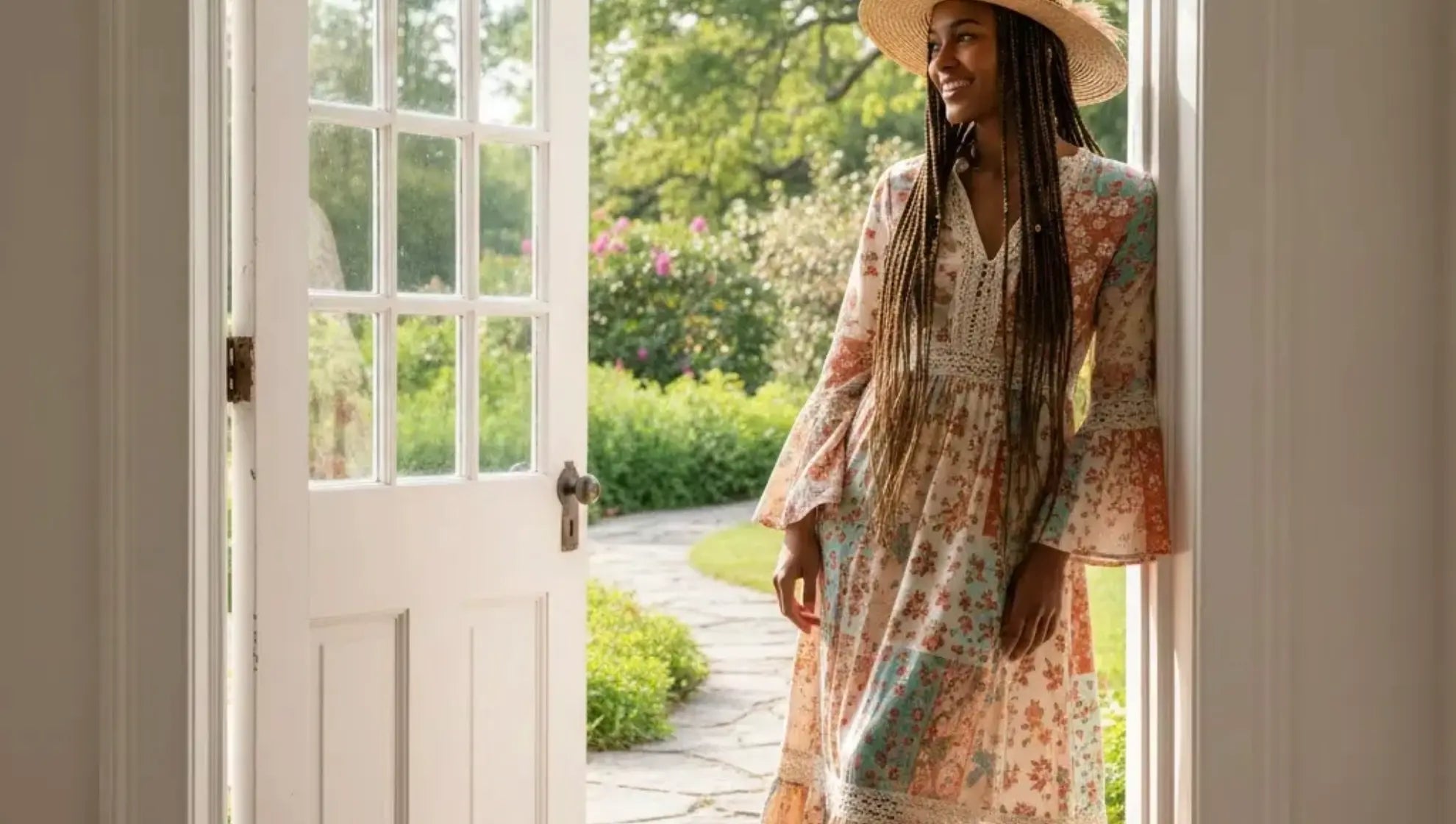 Woman in a floral dress and hat standing in a doorway with a garden view.