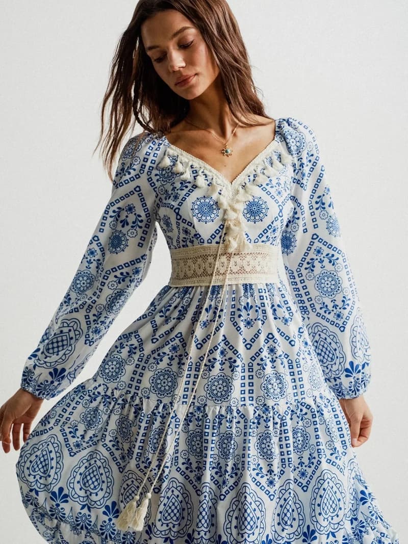 Bohemian print midi dress in blue white floral geometric pattern with tassel detail