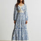 Bohemian print maxi dress in blue and white with embroidery and tassels