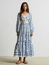 Bohemian print maxi dress in blue and white with embroidery and tassels