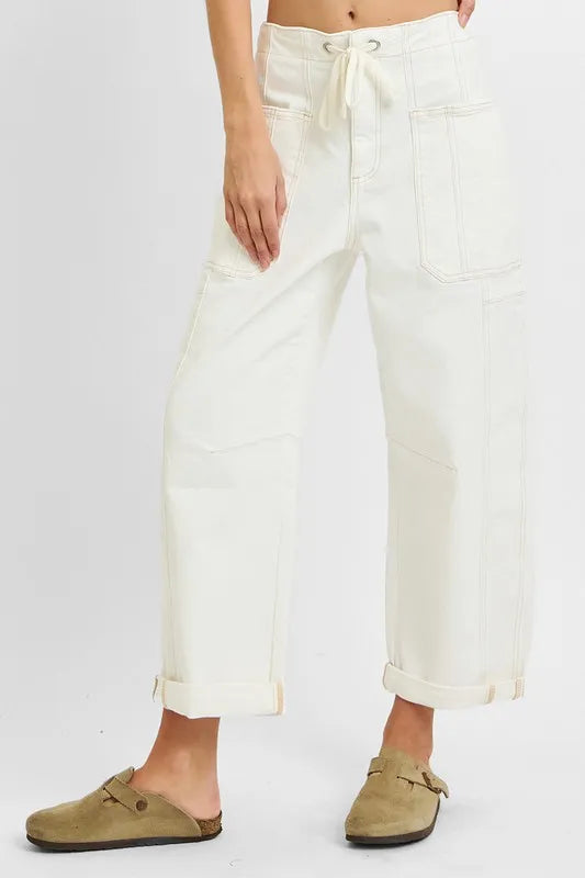 RISEN Full Size High Rise Crop Wide Barrel Cargo Pocket Jeans Plus Size Cargo Jeans