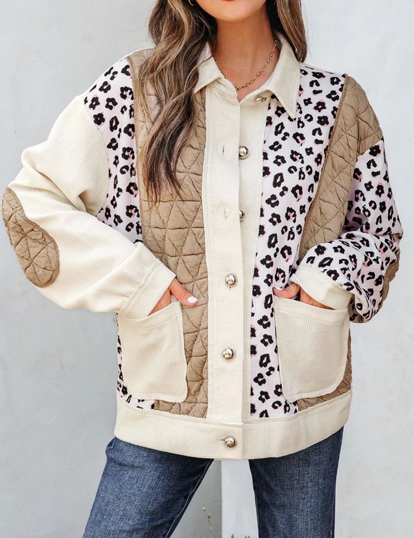 Camel Leopard Waffle Quilted Patchwork Button Front Jacket | Jackets Daverri Fashions