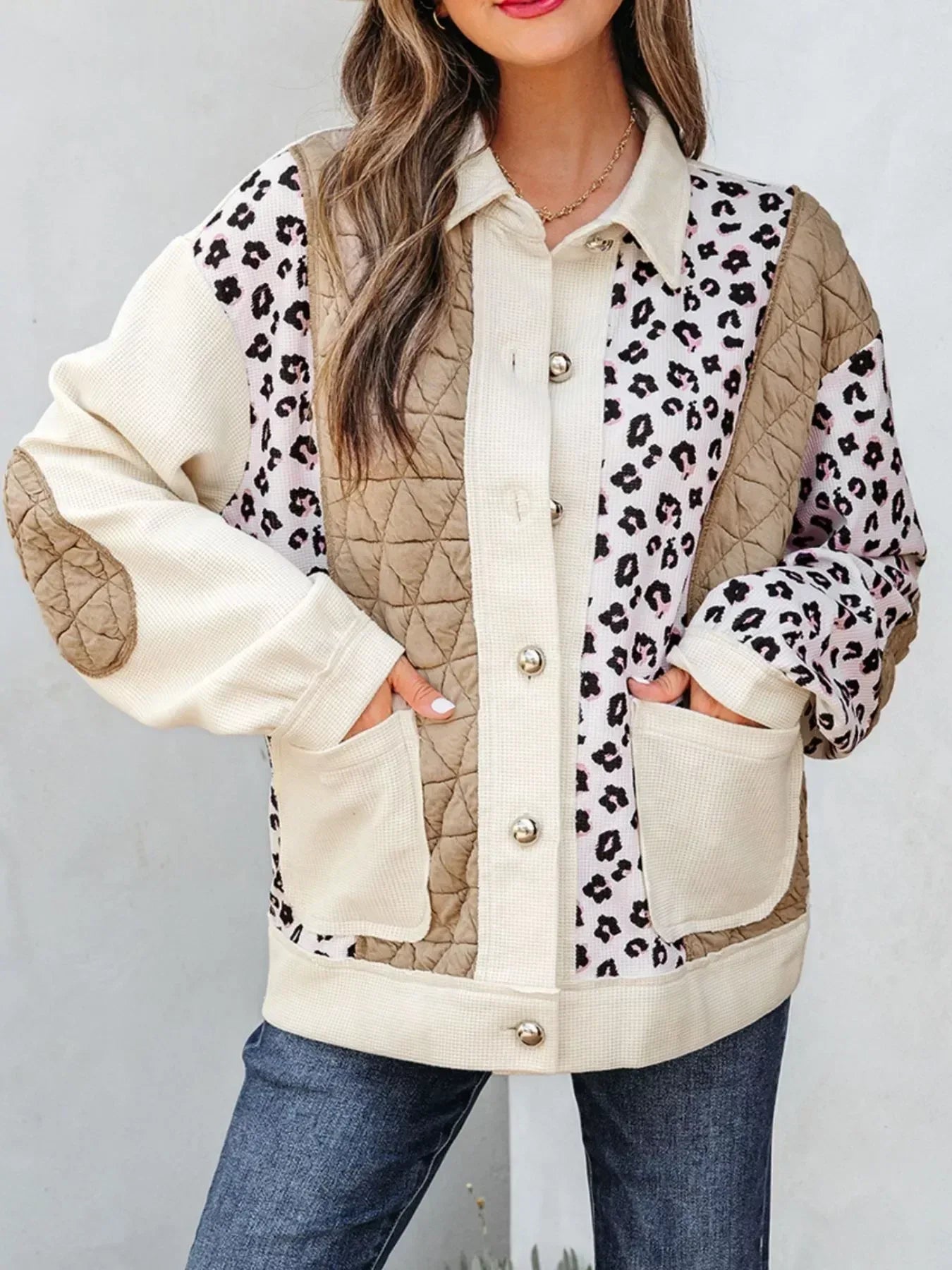 Leopard Waffle Quilted Patchwork Button Front Jacket - DAVERRI FASHIONS