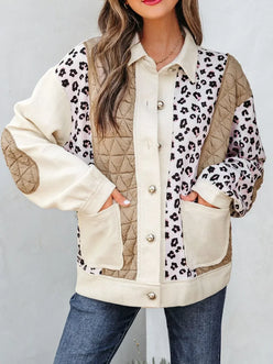 Leopard Waffle Quilted Patchwork Button Front Jacket - DAVERRI FASHIONS