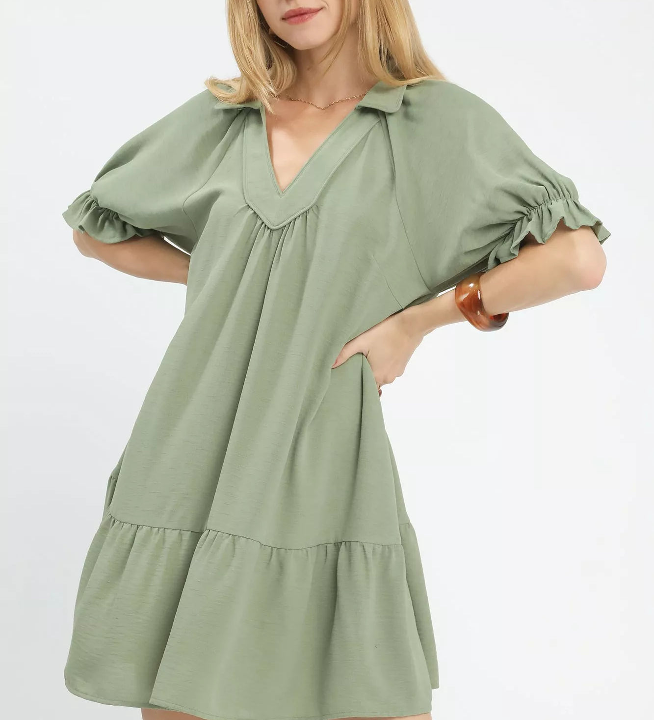 Sage-colored Umgee Tiered Puff Sleeve Babydoll Dress in lightweight cotton