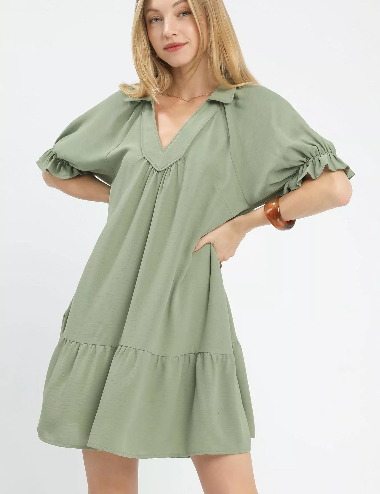 Sage-colored Umgee Tiered Puff Sleeve Babydoll Dress in lightweight cotton