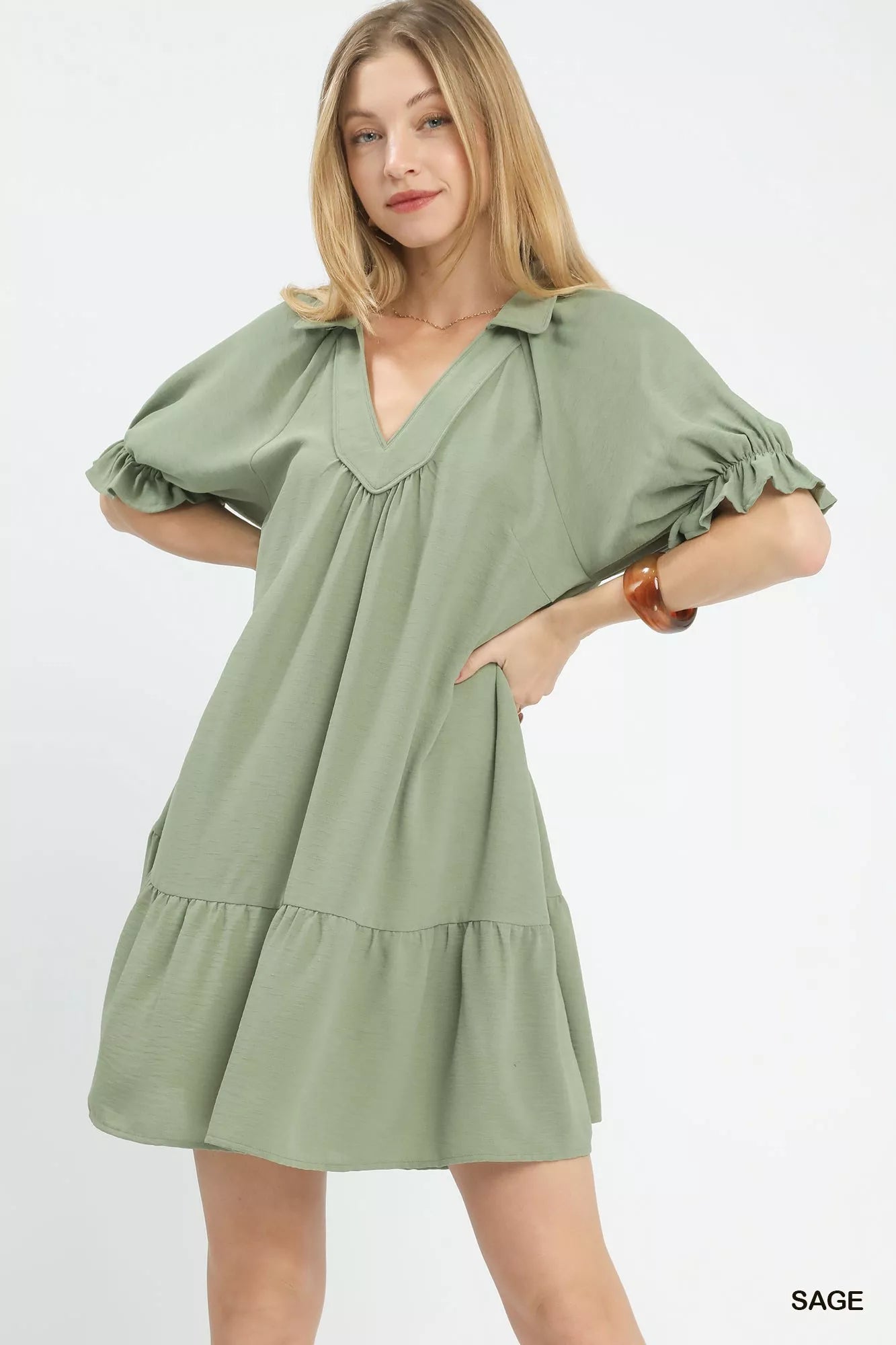 Sage-colored Umgee Tiered Puff Sleeve Babydoll Dress in lightweight cotton