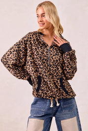 BiBi Leopard Print Waffle Half Zip Up Hoodie W Pocket | Hoodies Daverri Fashions