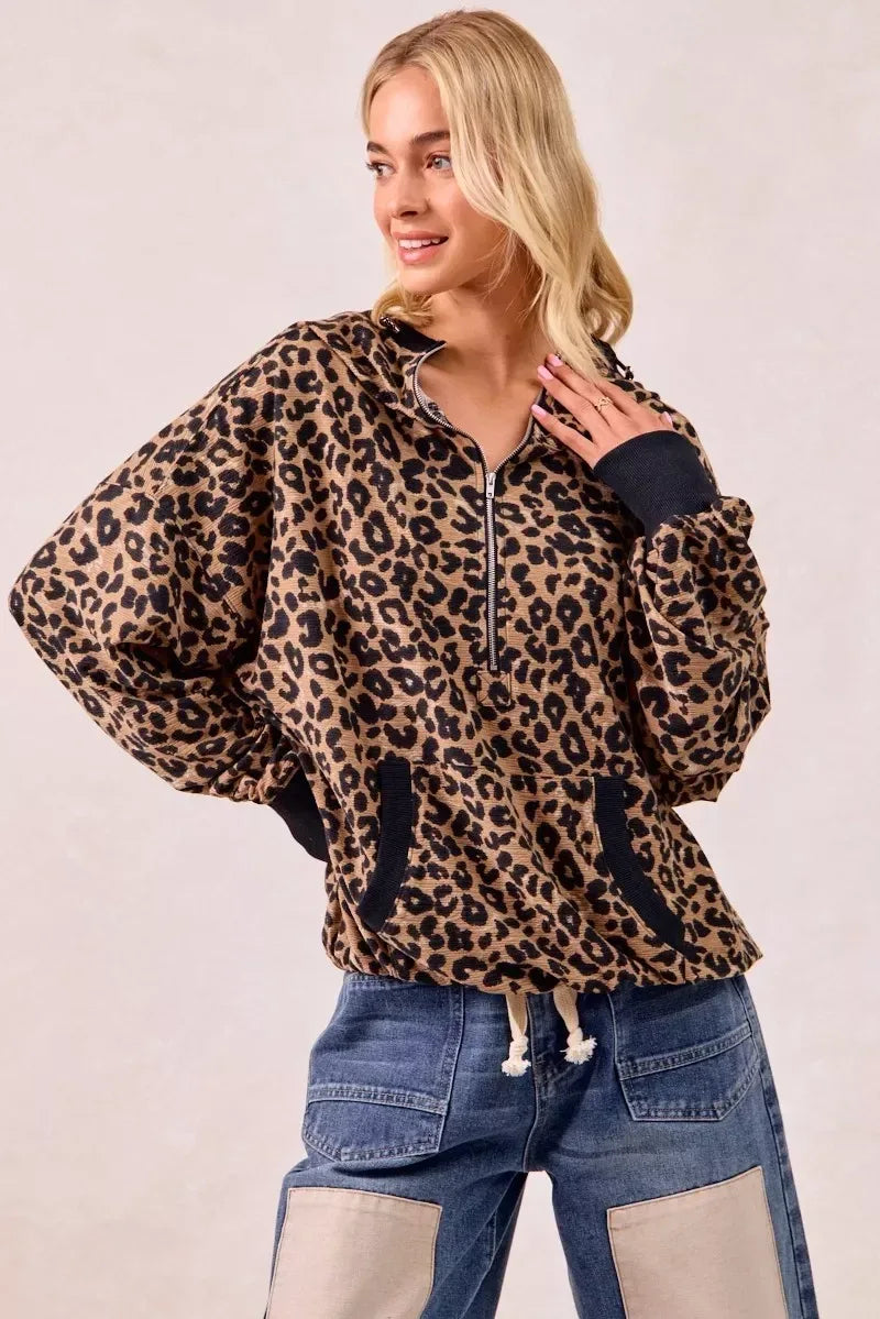 BiBi Leopard Print Waffle Half Zip Up Hoodie W Pocket - DAVERRI FASHIONS