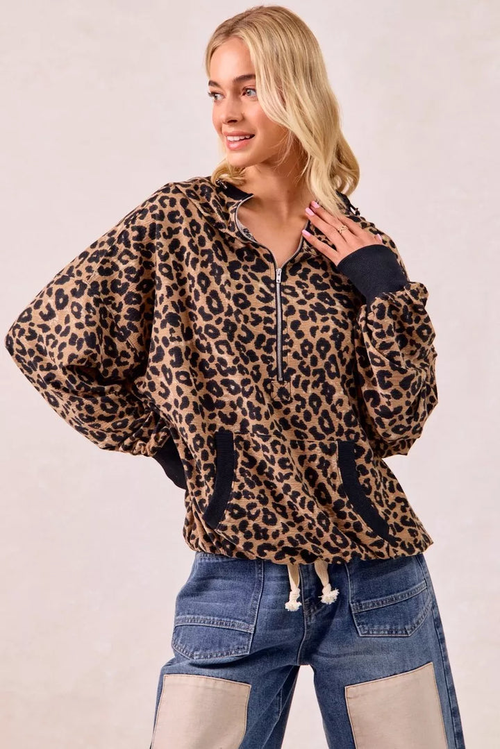 BiBi Leopard Print Waffle Half Zip Up Hoodie W Pocket | Daverri Fashions