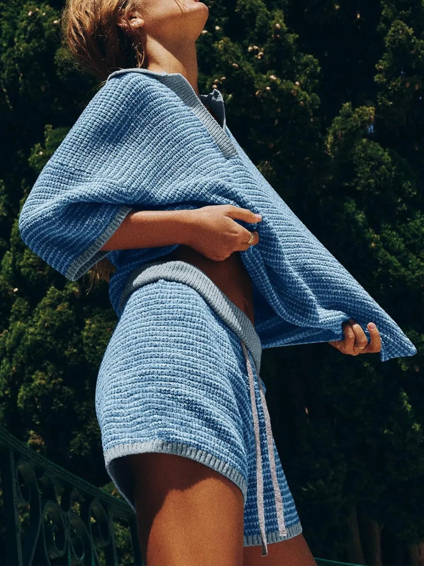 Light blue knit womens collared striped top and shorts set