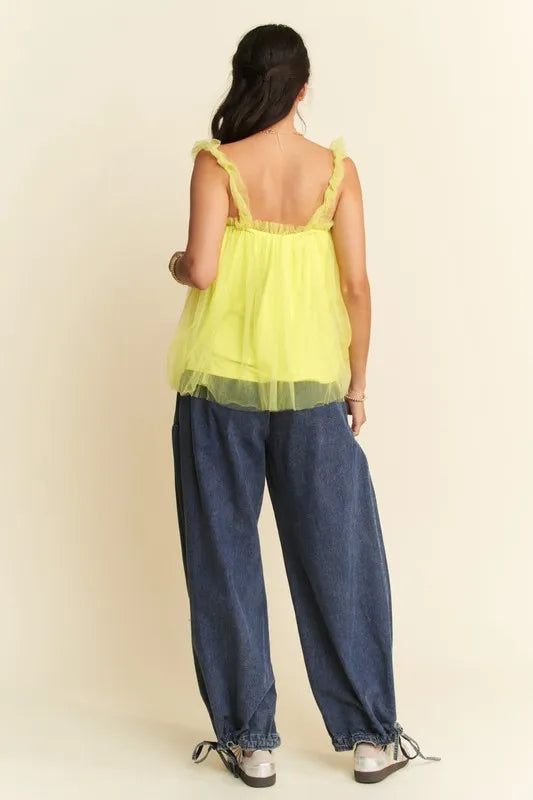 Vibrant yellow Davi & Dani shirred ruffle strap tulle babydoll top