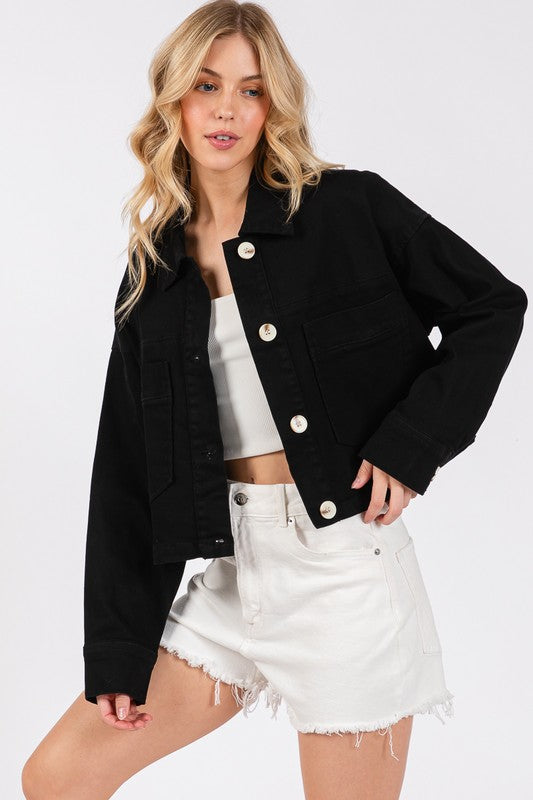 bytos Button Down Cropped Denim Jacket with Patch Pockets Black Denim Jackets