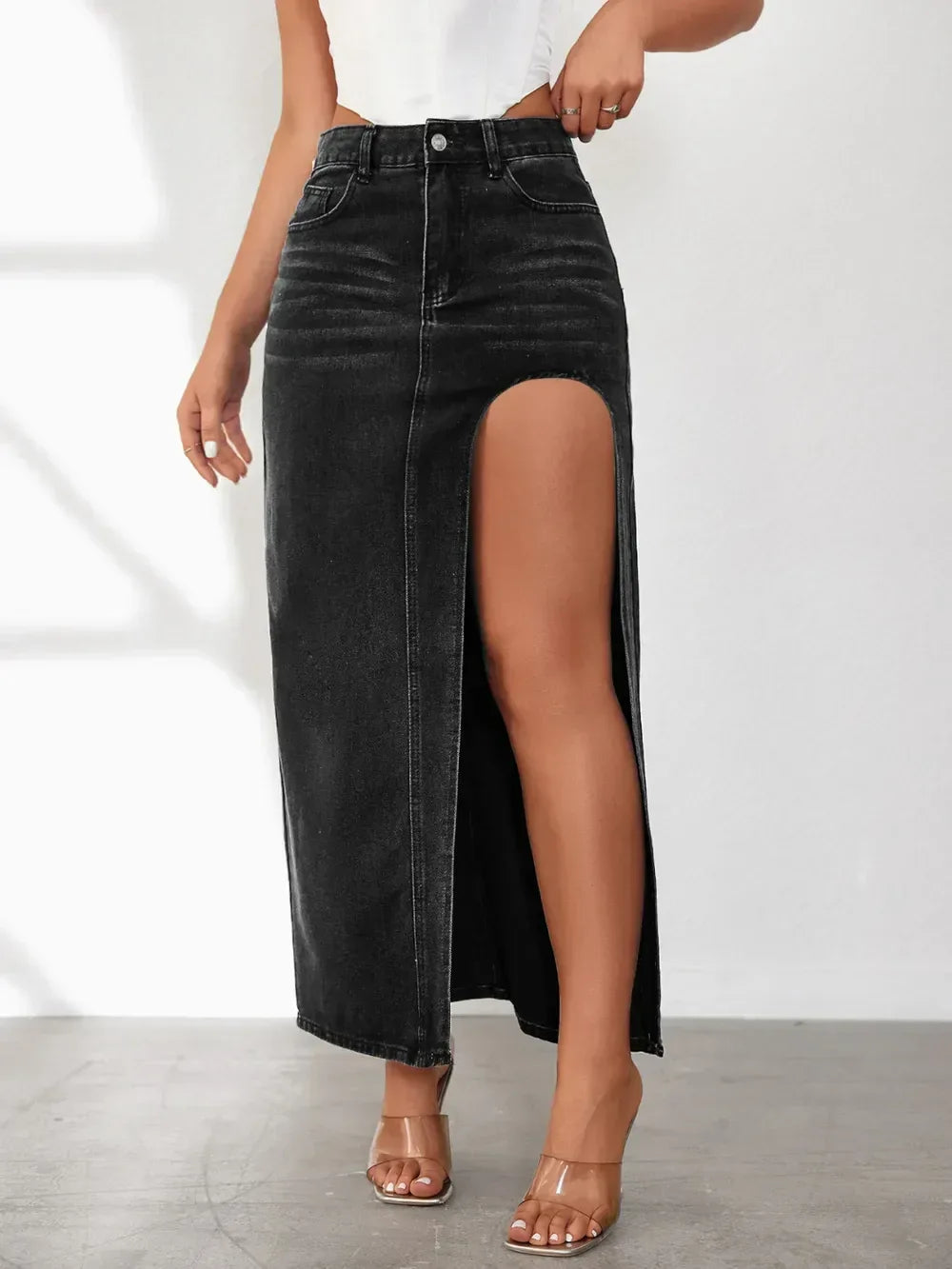 High Rise Slit Denim Skirt - DAVERRI FASHIONS