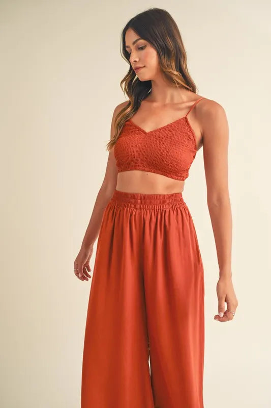 MABLE Smocked Bralette Crop Top and Wide Leg Pants Set