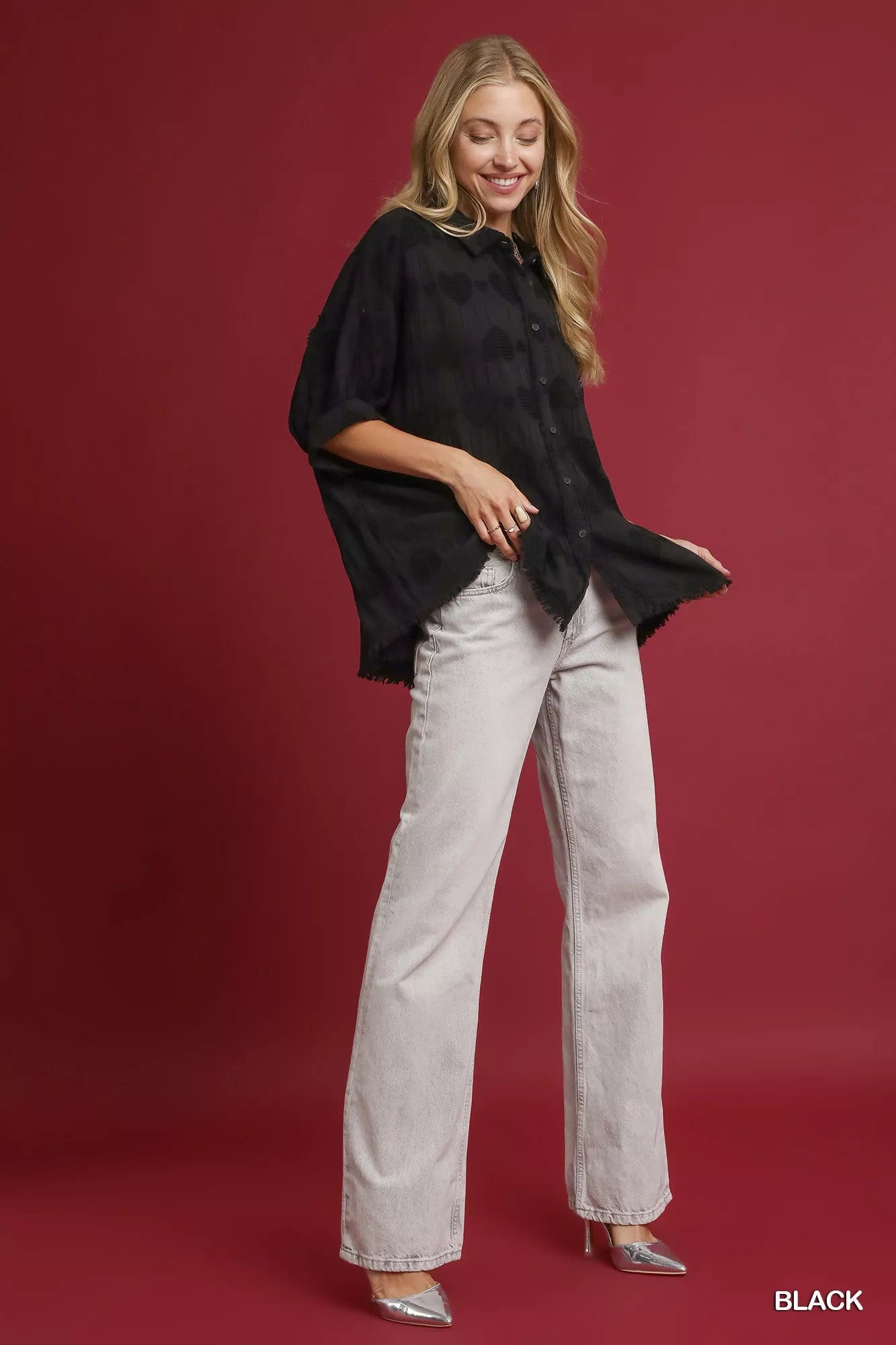 Umgee Jacquard Heart Collared Shirt | Daverri Fashions