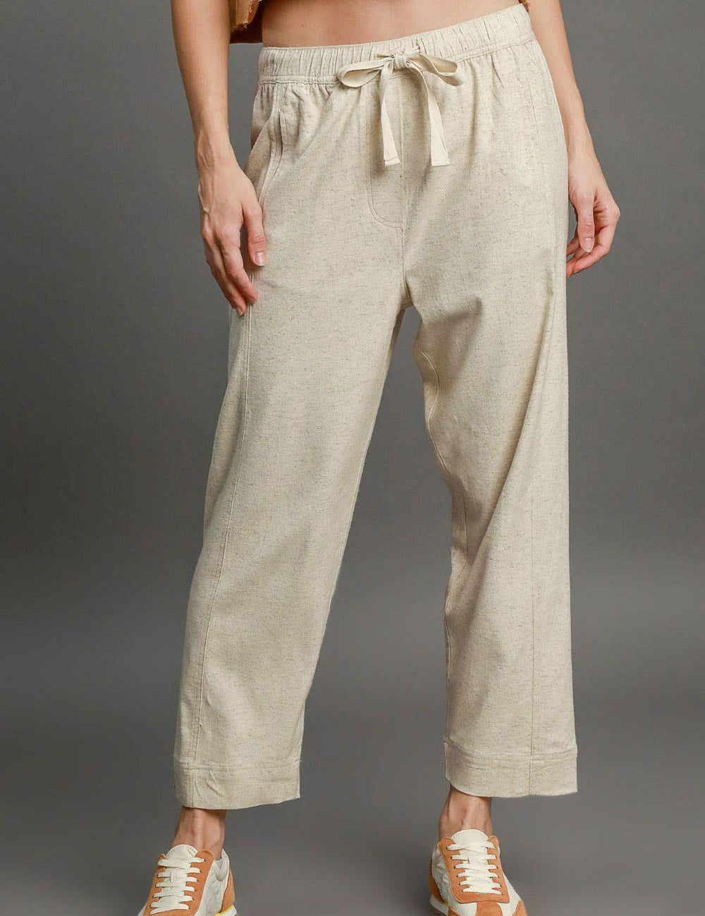 OATMEAL Umgee Full Size Drawstring Elastic Waistband Linen Blend Pants Plus Size | Pants Daverri Fashions