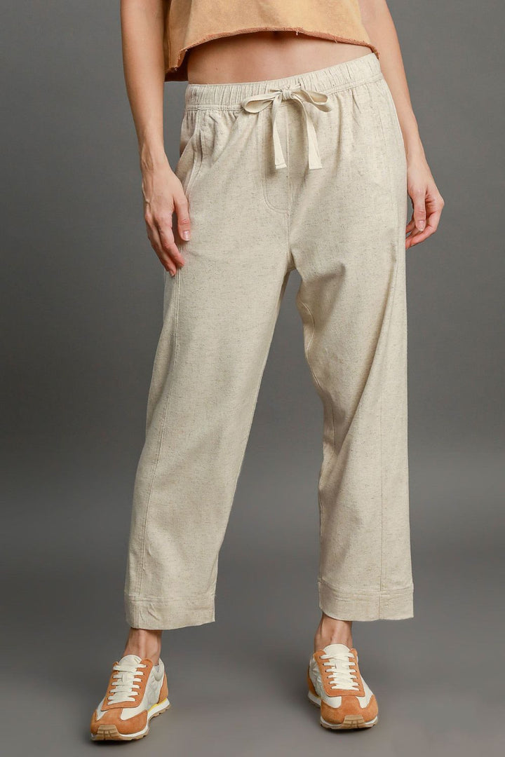 Umgee Full Size Drawstring Elastic Waistband Linen Blend Pants Plus Size OATMEAL