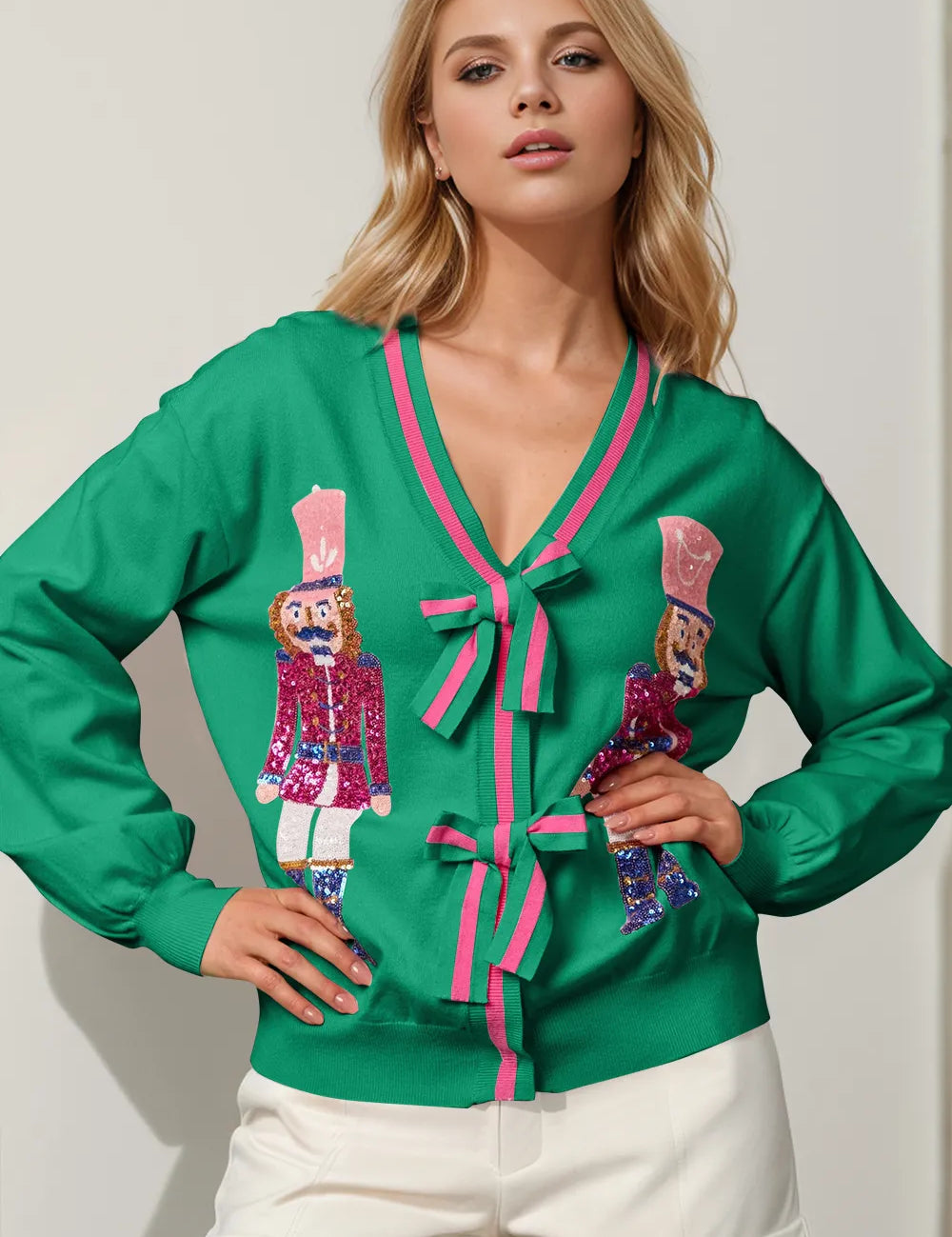 Green Double Take Full Size Nutcracker Sequin Bow Decor Cardigan | Cardigans Daverri Fashions