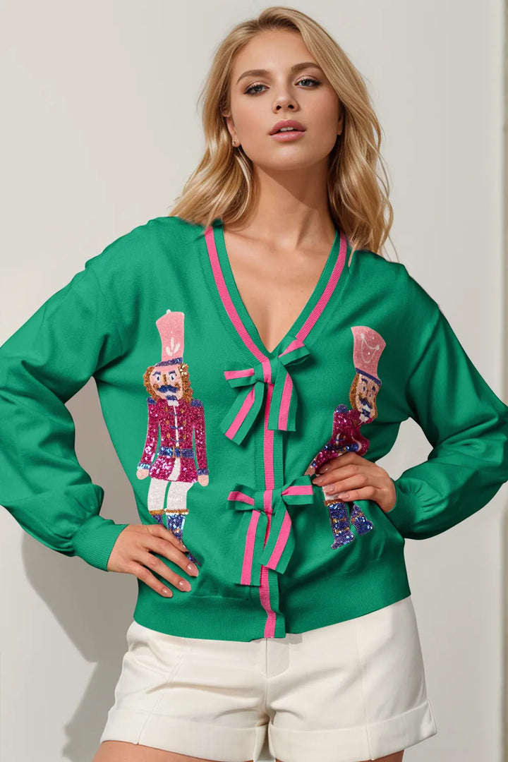 Green Double Take Full Size Nutcracker Sequin Bow Decor Cardigan | Cardigans Daverri Fashions