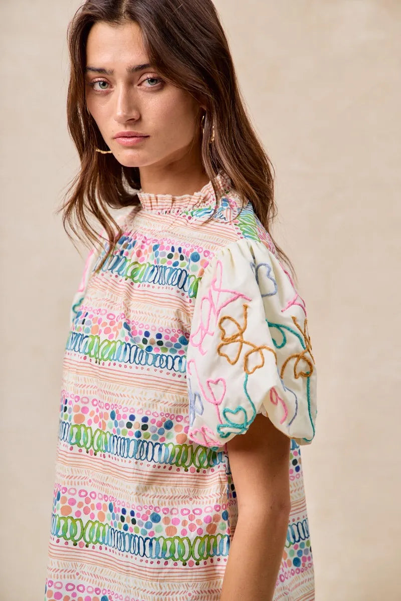 BiBi Ruffle Neckline Blouse With Embroidery Bubble Sleeve | Daverri Fashions