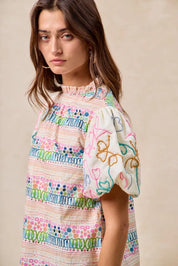 BiBi Ruffle Neckline Blouse With Embroidery Bubble Sleeve | Daverri Fashions