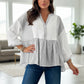 Daverri Fashions white gray striped v-neck cotton blouse with button front and flared sleeves