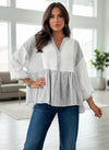 Daverri Fashions white gray striped v-neck cotton blouse with button front and flared sleeves