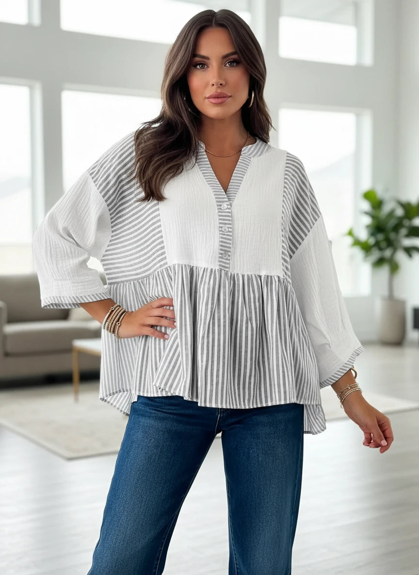 Daverri Fashions white gray striped v-neck cotton blouse with button front and flared sleeves
