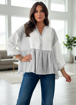 Daverri Fashions white gray striped v-neck cotton blouse with button front and flared sleeves