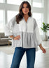 Daverri Fashions white gray striped v-neck cotton blouse with button front and flared sleeves