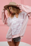 BiBi Pink Camo Printed French Terry Knit Color Block Sweatshirt