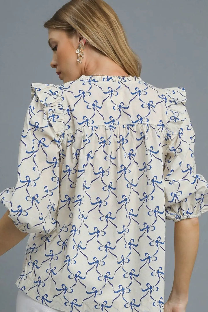 Umgee Ruffled Bow Print Notched Blouse | Blouses Daverri Fashions