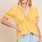 Lime 'N' Chili Solid Ruffled Deep V-Neck Puff Sleeve Babydoll Top - DAVERRI FASHIONS