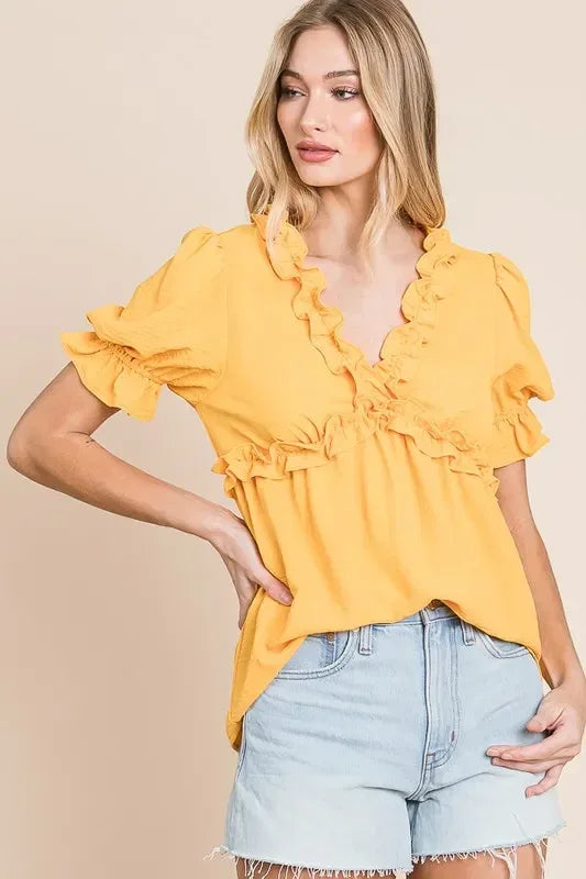 Lime 'N' Chili Solid Ruffled Deep V-Neck Puff Sleeve Babydoll Top - DAVERRI FASHIONS