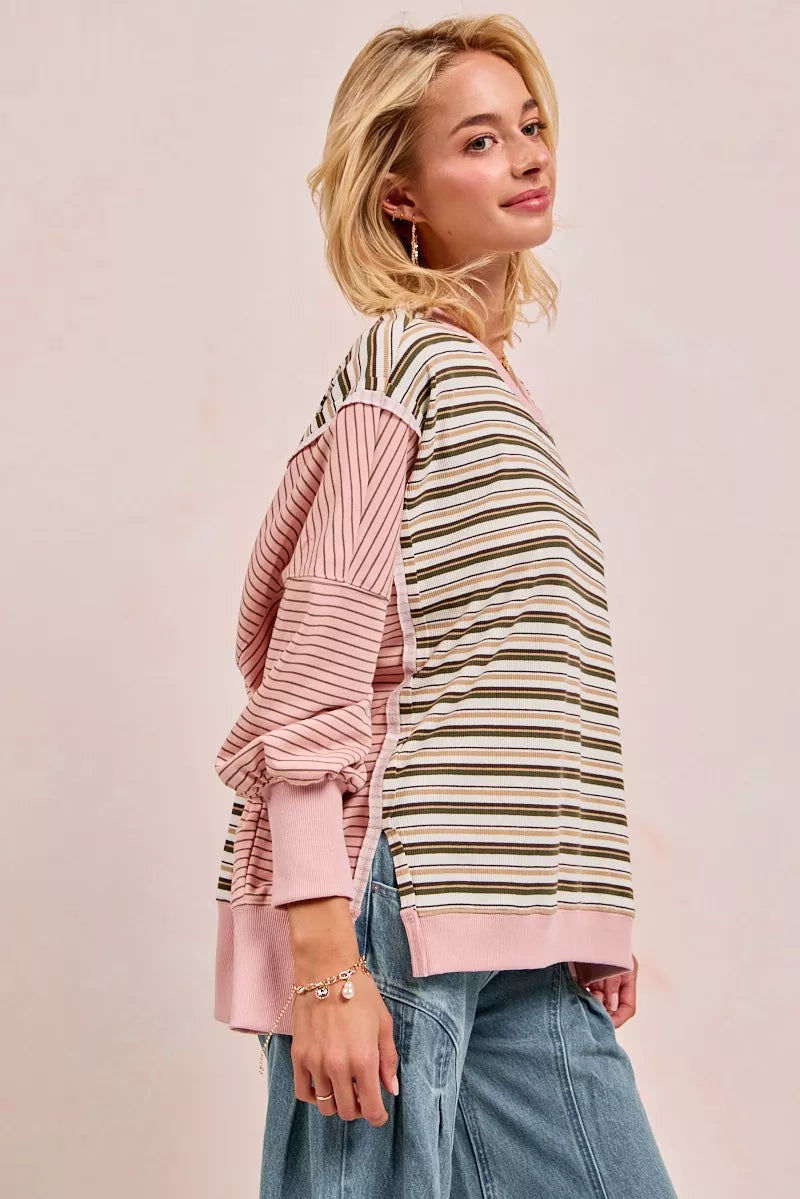 BiBi Stripe Mixed Top With Cut Edge And Reverse Outseam | Sweatshirts Daverri Fashions