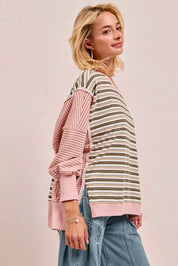 BiBi Stripe Mixed Top With Cut Edge And Reverse Outseam | Sweatshirts Daverri Fashions