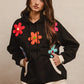 BiBi Floral Patched Black Hoodie Top Size L with colorful crocheted flowers