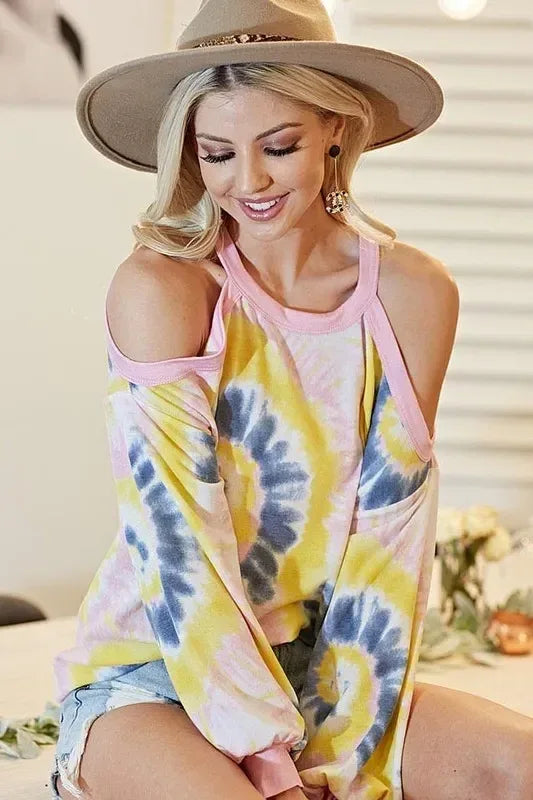BiBi Tie Dye Print Terry Top with Cold Shoulder Detail - DAVERRI FASHIONS