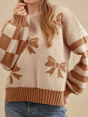 Ribbon Bow Checkered Striped Sleeve Drop Shoulder Sweater | Sweaters Daverri Fashions