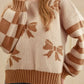 Ribbon Bow Checkered Striped Sleeve Drop Shoulder Sweater - DAVERRI FASHIONS