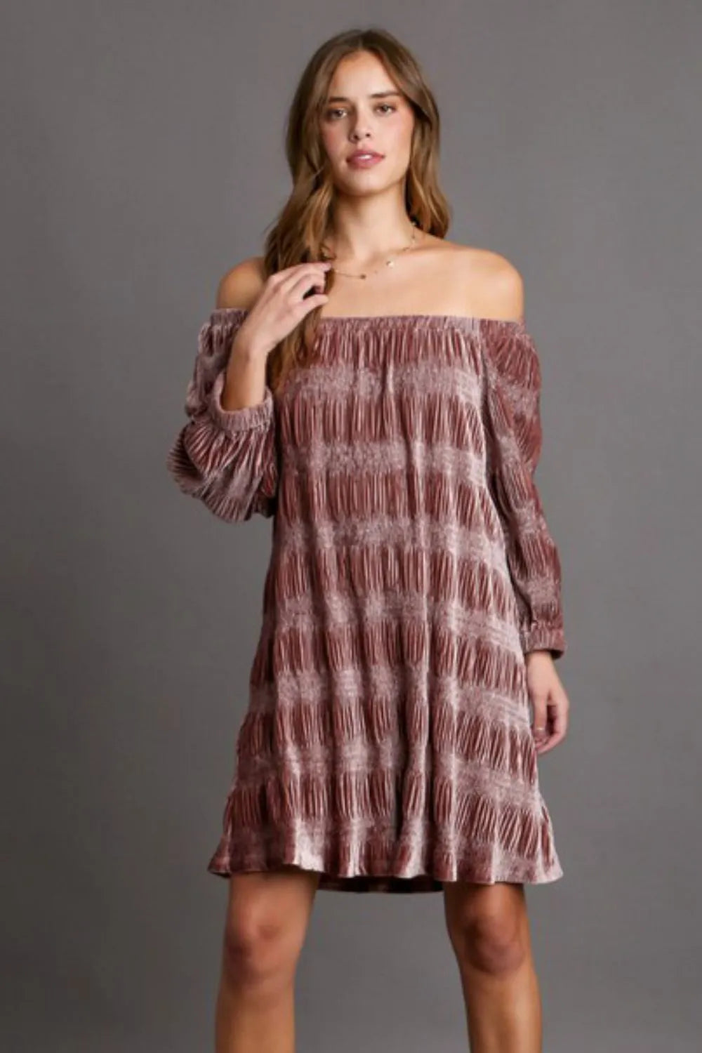 Umgee Off-Shoulder Balloon Sleeve Velvet Mini Dress | Daverri Fashions