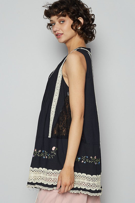 POL Embroidered Lace Detail V-Neck Sleeveless Top